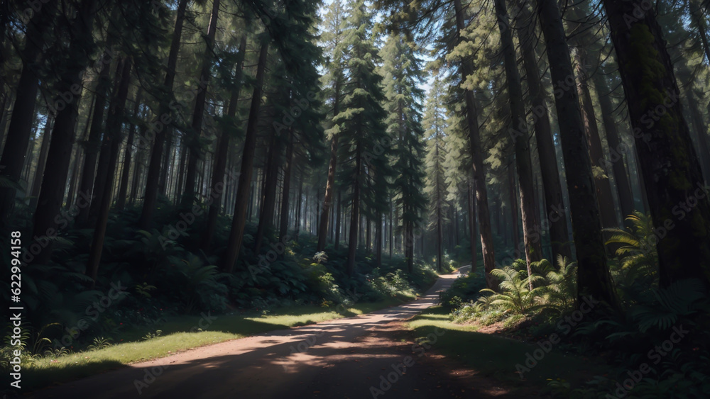 Obraz premium Lush greenery of the jungle enveloped the landscape, as a winding road cut through the vibrant foliage, offering a glimpse into the captivating depths of nature's sanctuary in the afternoon light.