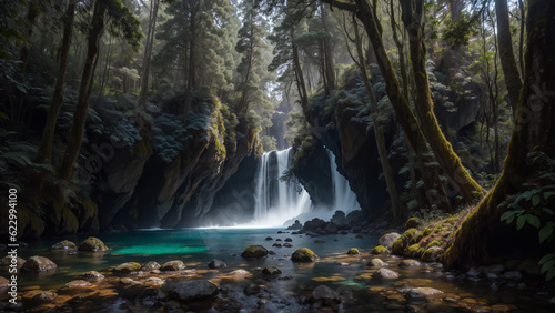 Mystical scenery as trees stood guard over ethereal waterfalls shrouded in mist and cascading with an otherworldly grace transporting visitors to a realm where magic and nature intertwined.