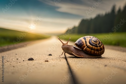 Snail crossing the road. Generative AI