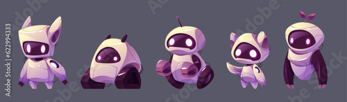 Cartoon set of robot characters isolated on background. Vector illustration of futuristic ai cyborgs with wheels, tracks, wires, led light eyes on screen face and arms. Modern technology development