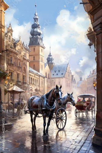 Beautiful cracow illustration poster carriage wallpaper