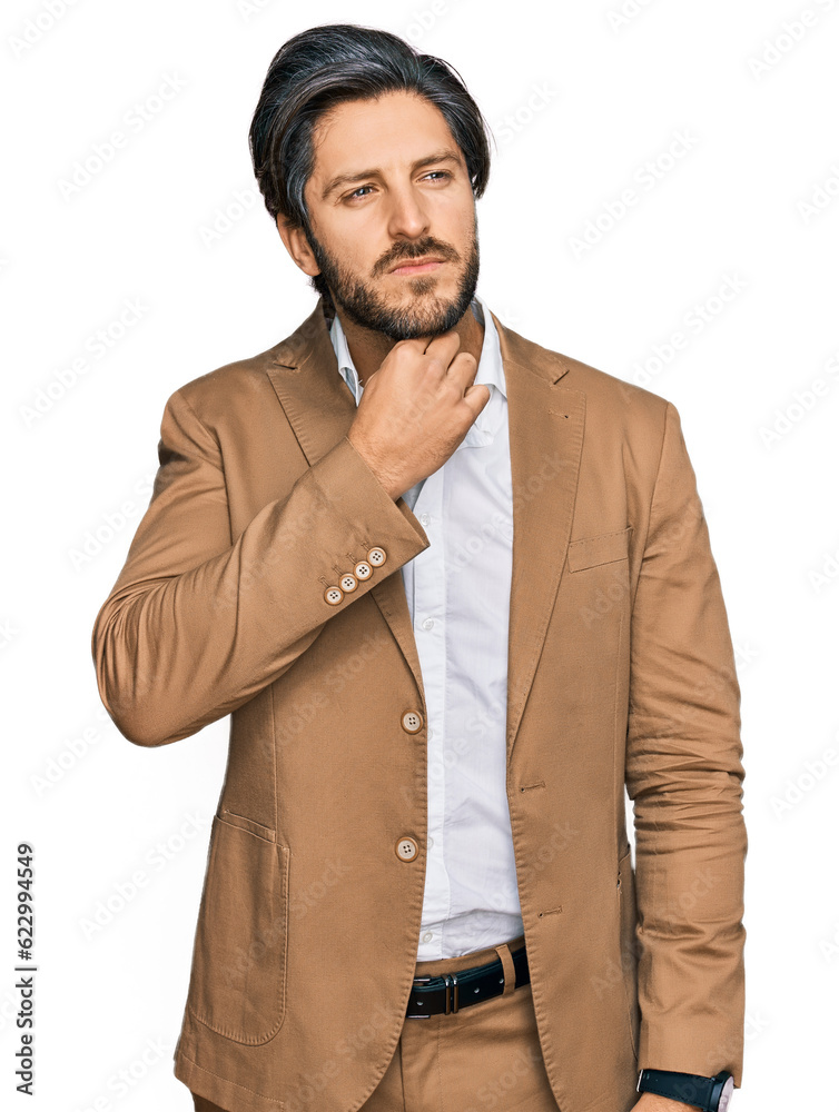 Young hispanic man wearing business clothes touching painful neck, sore throat for flu, clod and infection