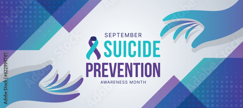 Suicide prevention awareness month text and ribbon awareness in center with Teal purple hand to hand care and connection to give hope vector design