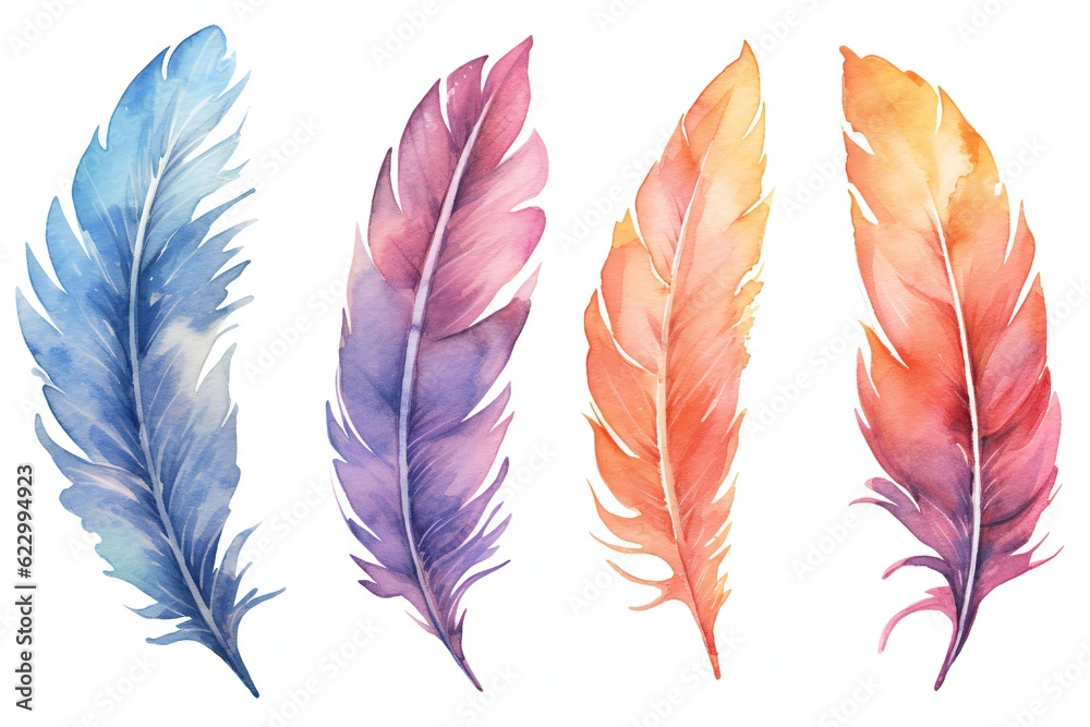 Watercolor Fantasy feather Clip art on white background Generative AI Watercolor Fantasy feather Clip art on white background Generative AI