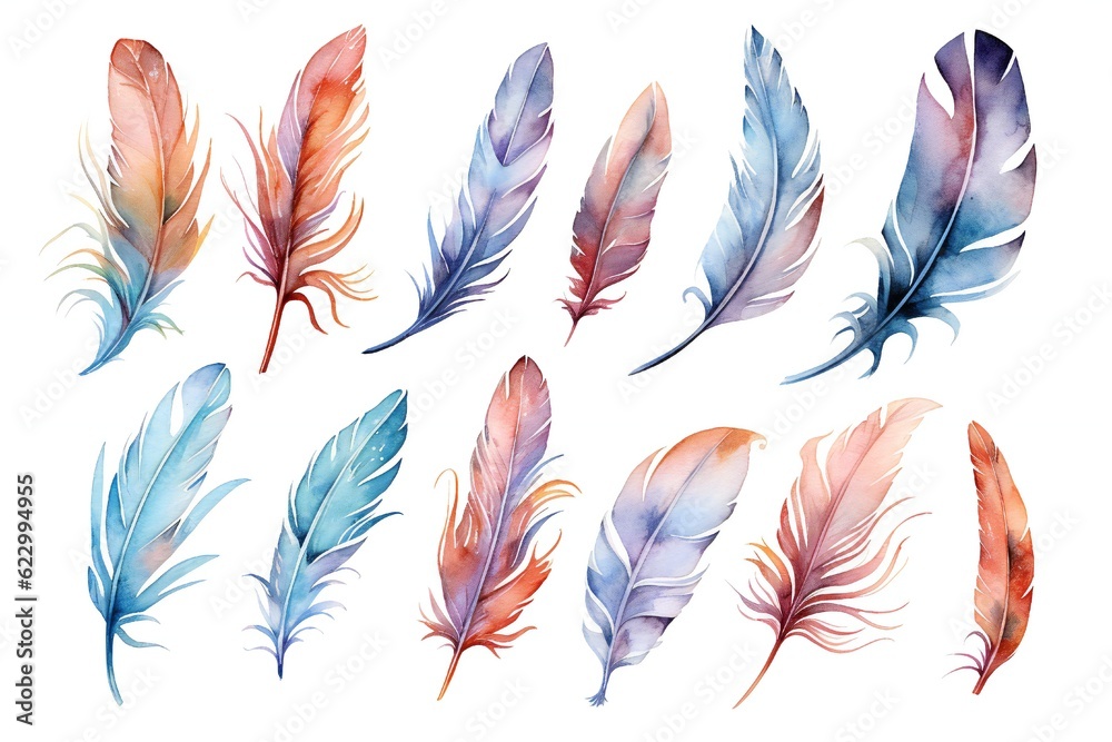 Watercolor Fantasy feather Clip art on white background Generative AI