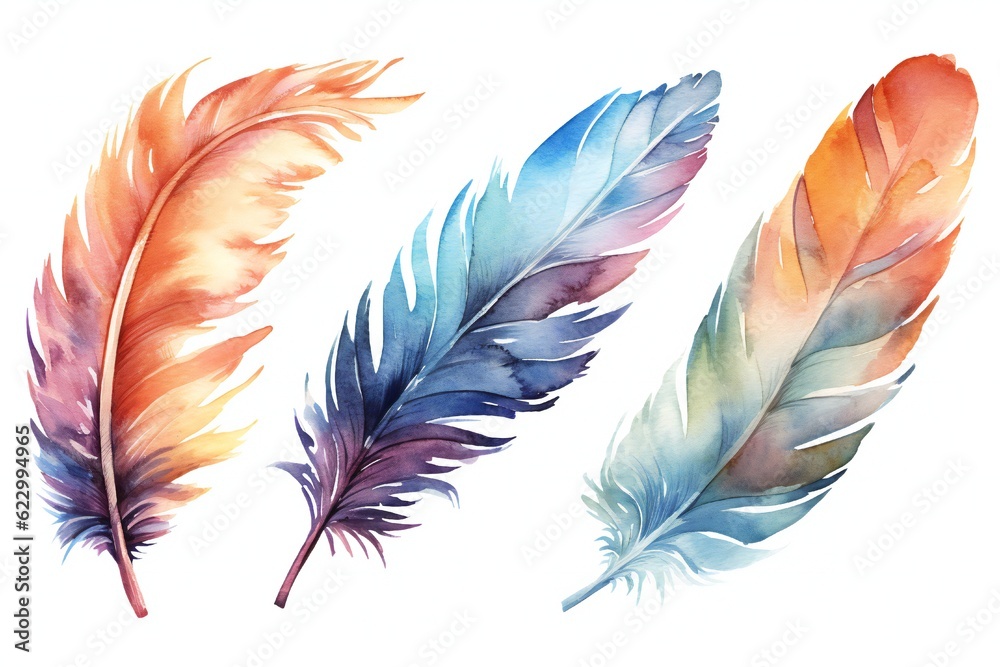 Watercolor Fantasy feather Clip art on white background Generative AI Watercolor Fantasy feather Clip art on white background Generative AI