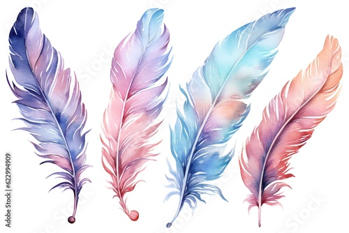 Watercolor Fantasy feather Clip art on white background Generative AI © LayerAce.com