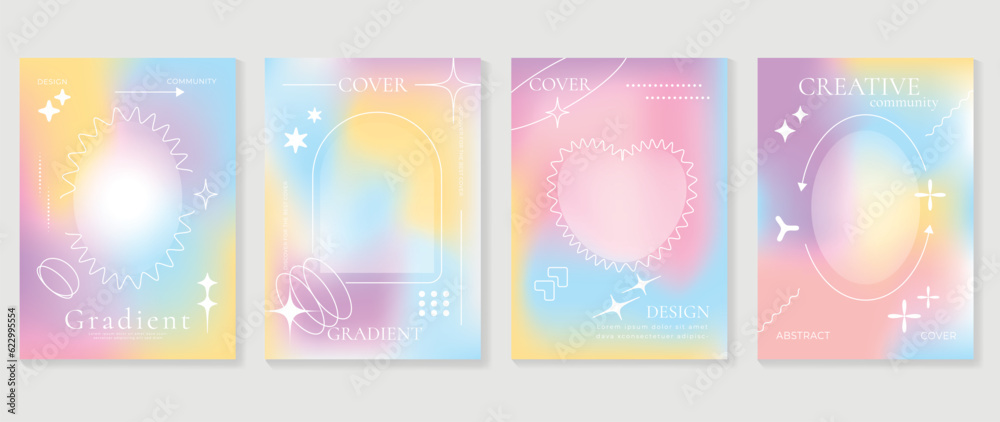 Idol lover posters set. Cute gradient holographic background vector with pastel colors, frame, sparkle, heart, arrow. Y2k trendy wallpaper design for social media, cards, banner, flyer, brochure.