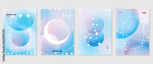 Idol lover posters set. Cute gradient holographic background vector with pastel colors, frame, sparkle, moon, star. Y2k trendy wallpaper design for social media, cards, banner, flyer, brochure.