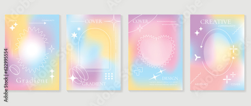 Idol lover posters set. Cute gradient holographic background vector with pastel colors, frame, sparkle, heart, arrow. Y2k trendy wallpaper design for social media, cards, banner, flyer, brochure.