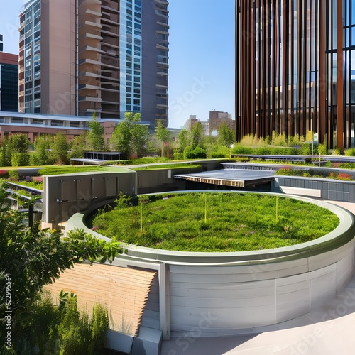 213 A sustainable urban park with green rooftops, rainwater harvesting systems, and interactive installations promoting environmental awareness and conservation1, Generative AI