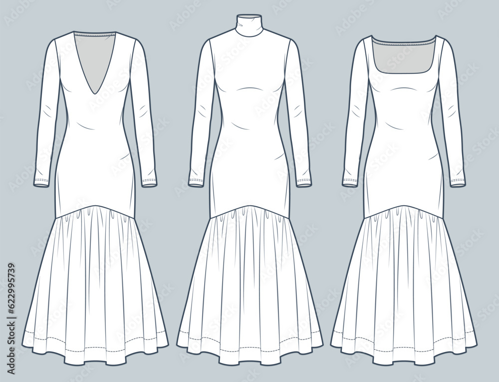 Set of Jersey Dress with textile bottom technical fashion illustration. Maxi Dress fashion technical drawing template, slim fit, v-neck, square neck, turtleneck, front view, white, women CAD mockup. Set of Jersey Dress with textile bottom technical fashion illustration. Maxi Dress fashion technical drawing template, slim fit, v-neck, square neck, turtleneck, front view, white, women CAD mockup.