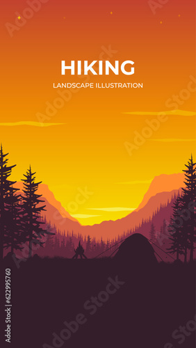 Vector silhouette illustration of tent on mountains background. Vector landscape illustration for poster, picture, design, background, wallpaper. 