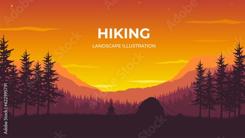 Vector silhouette illustration of tent on mountains background. Vector landscape illustration for poster, picture, design, background, wallpaper. 