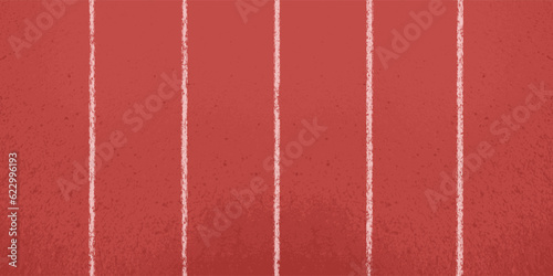 Top view of the red rubber surface of the running track. Aerial view of the competition lanes in the stadium, separated by white lines. Vector illustration of sports background with texture