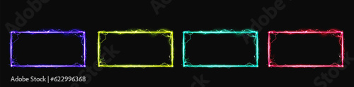 Neon lightning effect electric glow frame vector. Magic spark border with thunder sign energy. Magic portal rectangle shape with led plasma discharge in pink, green, gold, purple bright color.