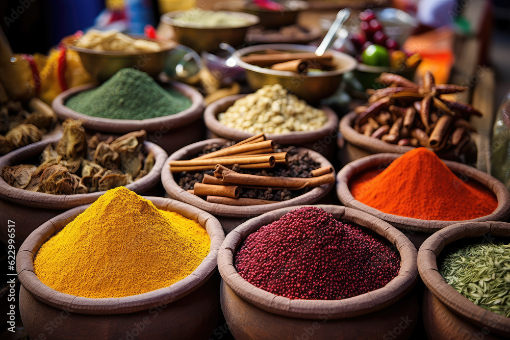 Assortment of east spices and seasonings in wooden tableware by close up isolated on a white background. Assortment of east spices and seasonings in wooden tableware by close up isolated on a white background.