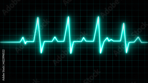 Blue glowing neon heart pulse. Heart beat. Electrocardiogram. One pulse line. ECG heartbeat monitor, cardiogram heart pulse line wave. Electrocardiogram medical background.
