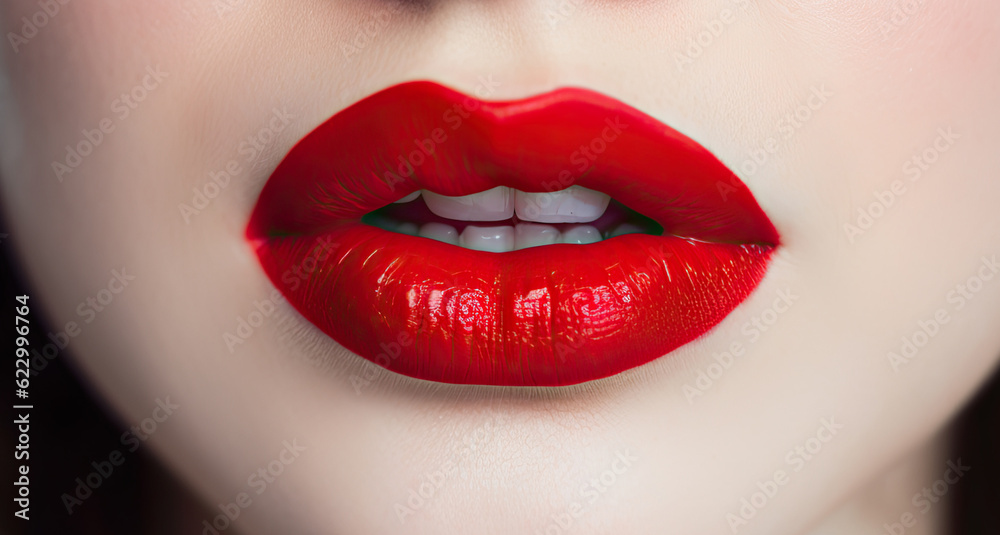 Obraz premium Woman Lips Closeup, Red Lipstick Makeup, Beautiful Mouth Make-Up, Model Girl Lip, Lips Macro