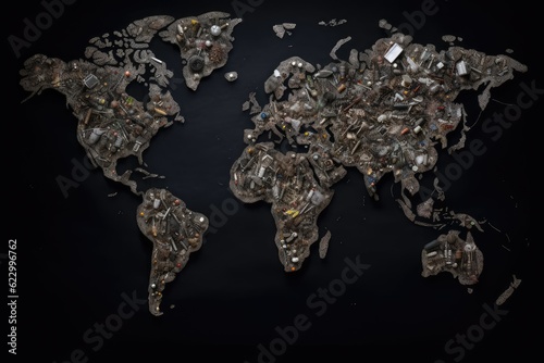 World Map Made of Plastic, Plastic Earth, Garbage Continents, Abstract Generative AI Illustration