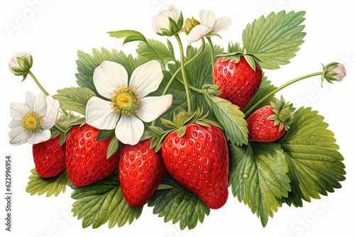 strawberries with leaves and flowers, illustration, generative ai