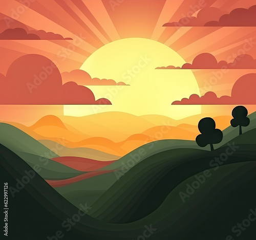 Sunrise Landscape Flat Illustration, Color Dawn in Mountains, Sun Beams, Abstract Generative AI Illustration