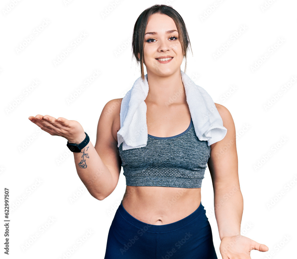 Young hispanic girl wearing sportswear and towel smiling cheerful with open arms as friendly welcome, positive and confident greetings Young hispanic girl wearing sportswear and towel smiling cheerful with open arms as friendly welcome, positive and confident greetings