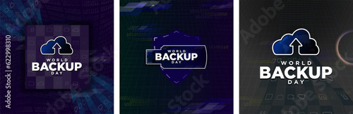 World Backup Day Poster Set. Cloud Storage Icon with world backup day greeting on cyber background with icons of file types. USB Icon. File storage. Vector Illustration. EPS 10.