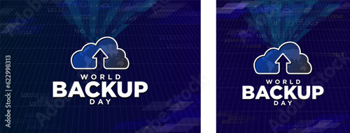 World Backup Day Greeting Card and Banner. Cloud Storage Icon with stream of files being uploaded online for backup storage. Horizontal banner and square card. Editable Vector Illustration. EPS 10