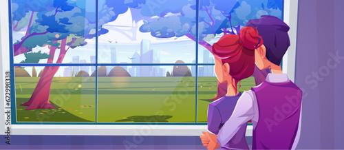 Couple watching on city park view from home window cartoon vector background. Man and woman watching together on sunny urban landscape with tree, grass and skyscraper exterior environment scenery.