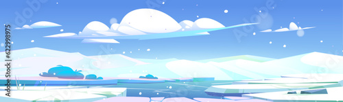 North Pole winter glacier cartoon landscape vector. Ice and snow antarctica land with broken and crack hole on ground surface. Freeze sea or river wild snowy canada scenery illustration design