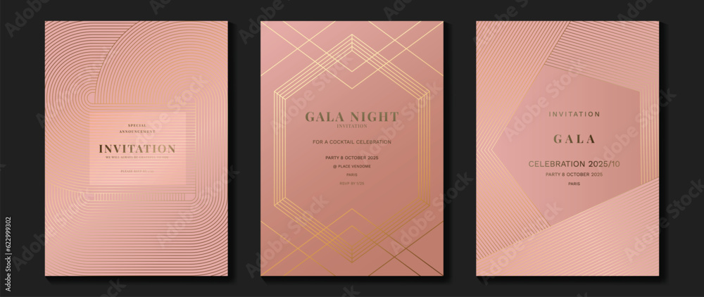 Luxury invitation card background vector. Golden elegant geometric shape, gold lines gradient on pink background. Premium design illustration for gala card, grand opening, party invitation, wedding.