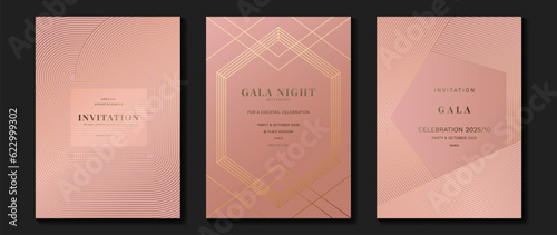 Luxury invitation card background vector. Golden elegant geometric shape, gold lines gradient on pink background. Premium design illustration for gala card, grand opening, party invitation, wedding.
