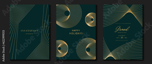Luxury invitation card background vector. Golden elegant geometric shape, gold lines gradient on green background. Premium design illustration for gala card, grand opening, party invitation, wedding.