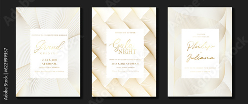 Luxury invitation card background vector. Golden curve elegant, gold lines gradient on light color background. Premium design illustration for gala card, grand opening, party invitation, wedding.