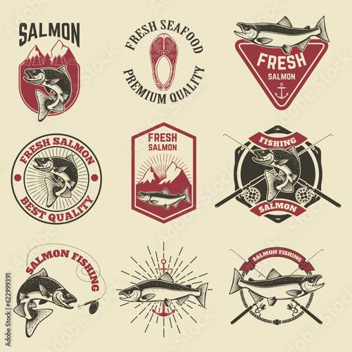 Set of vintage labels with salmon fish. Salmon fishing, salmon meat. Design elements for label, emblem for fishing club. Vector illustration.