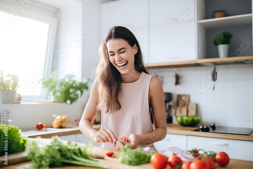 Joyful Healthy Cooking  Beautiful Young Woman Having Fun Preparing Salad  Generative AI