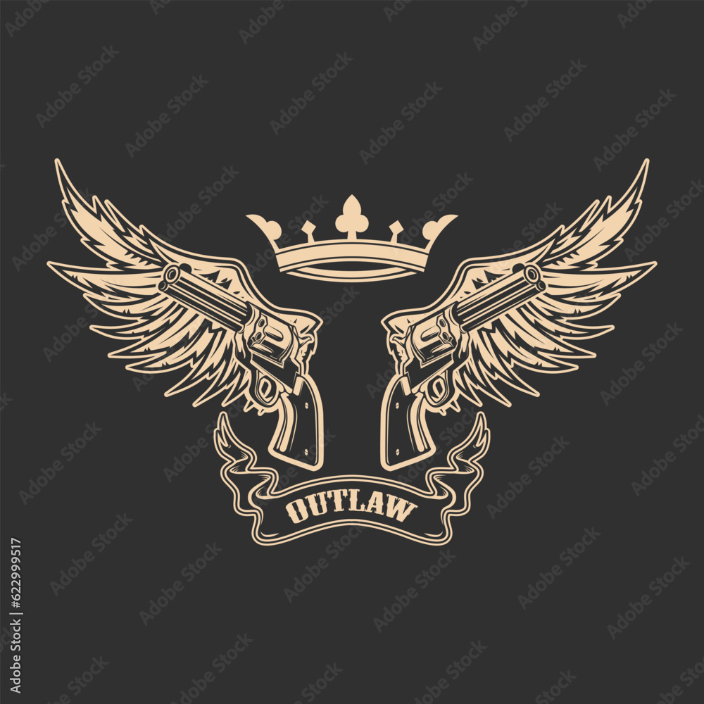 Obraz premium Outlaw. Two revolvers on grunge background. T-shirt print template.