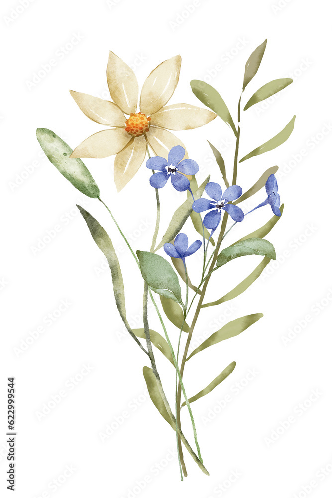 Flowers, floral watercolor illustration for greeting card, invitation and other printing design. Isolated on white. Hand drawing.