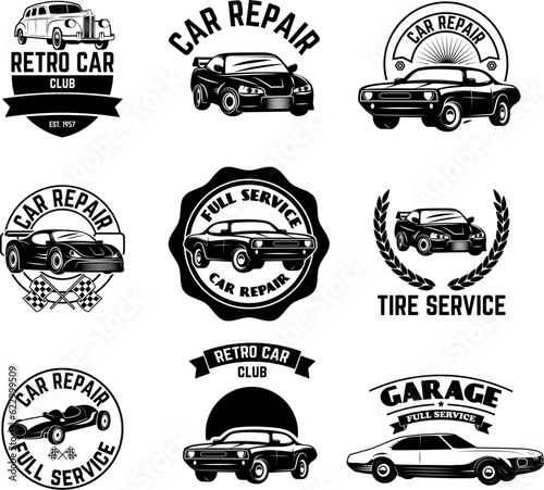 Set of Retro car club labels. Retro vector design graphic element, emblem, logo, insignia, sign, identity, logotype, poster. Vector design elements.