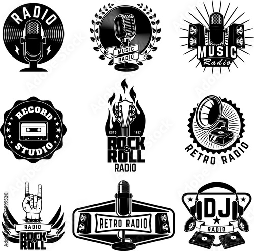 Radio labels. Retro radio, record studio, rock and roll radio emblems. Old style microphone, guitars. Design elements for logo, label, sign, badge.