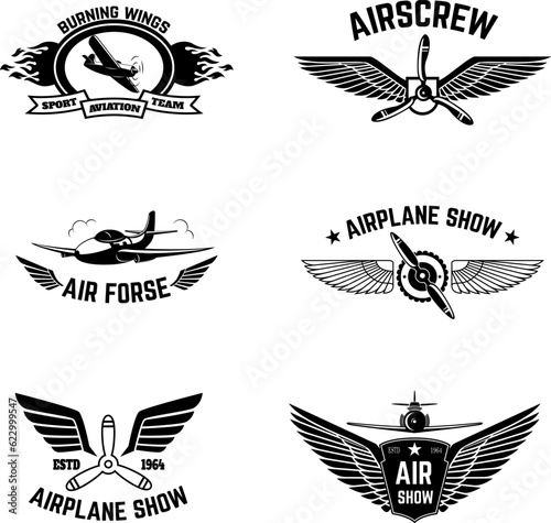 Set of airplane show labels isolated on white background. Air forse. Flying club. Design elements in vector.