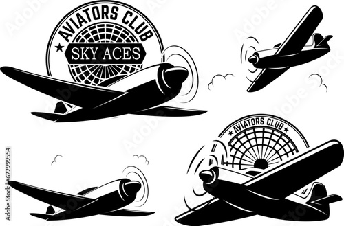 Set of aviators club labels. Planes icons. Avia club emblems. Aeroplane trips. Aviators club logo. Design elements in vector.