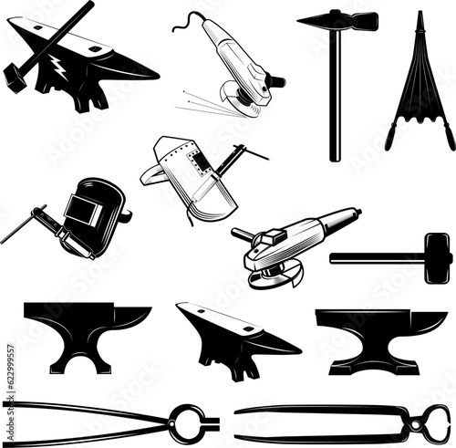 Set of anvils,hammers and design elements for blacksmith labels and badges.