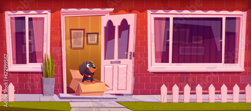 Dachshund dog sit in box near house front door cartoon illustration. Pet waiting near cottage entrance doorway welcome and smile. Red suburban exterior with fence, green grass, window and porch.
