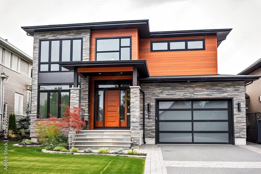 Contemporary Double Garage House: Aesthetic New Construction with Terracotta Siding and Natural Stone Embellishments, generative AI
