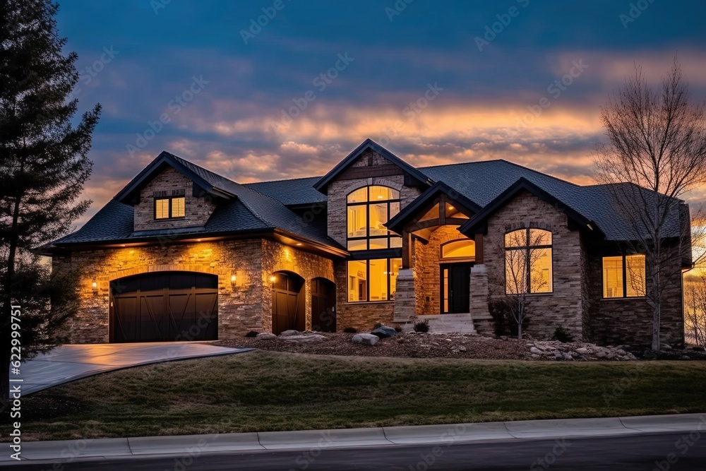 Brand New Residence with Alluring Design and Three-Car Garage: Turquoise Siding and Natural Stone Pillars, generative AI Brand New Residence with Alluring Design and Three-Car Garage: Turquoise Siding and Natural Stone Pillars, generative AI