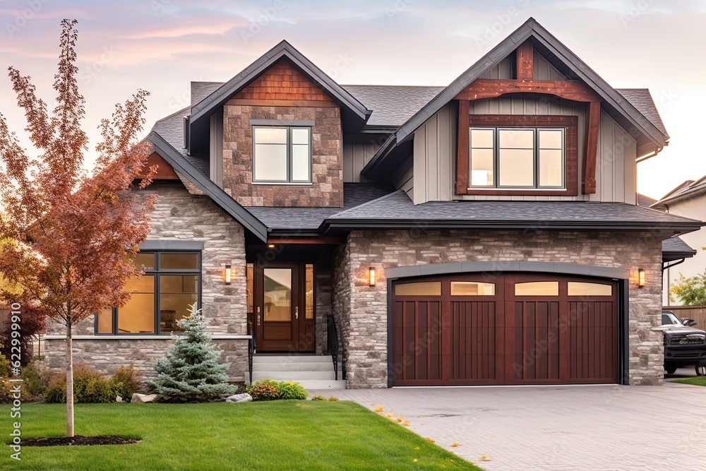 Chic Open Concept House with Double Garage, Brown Siding, and Natural Stone Pillars: A Stunning Newly Built Home, generative AI Chic Open Concept House with Double Garage, Brown Siding, and Natural Stone Pillars: A Stunning Newly Built Home, generative AI
