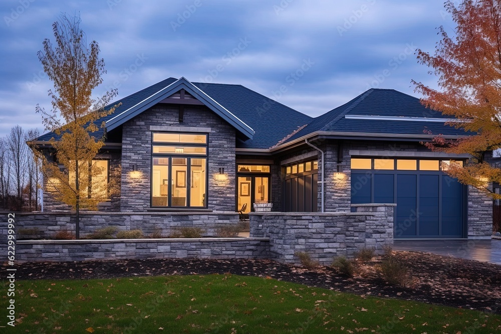 Double Garage Chic: A Stunning, Open Concept House with Dark Blue Siding and Natural Stone Pillars, generative AI Double Garage Chic: A Stunning, Open Concept House with Dark Blue Siding and Natural Stone Pillars, generative AI