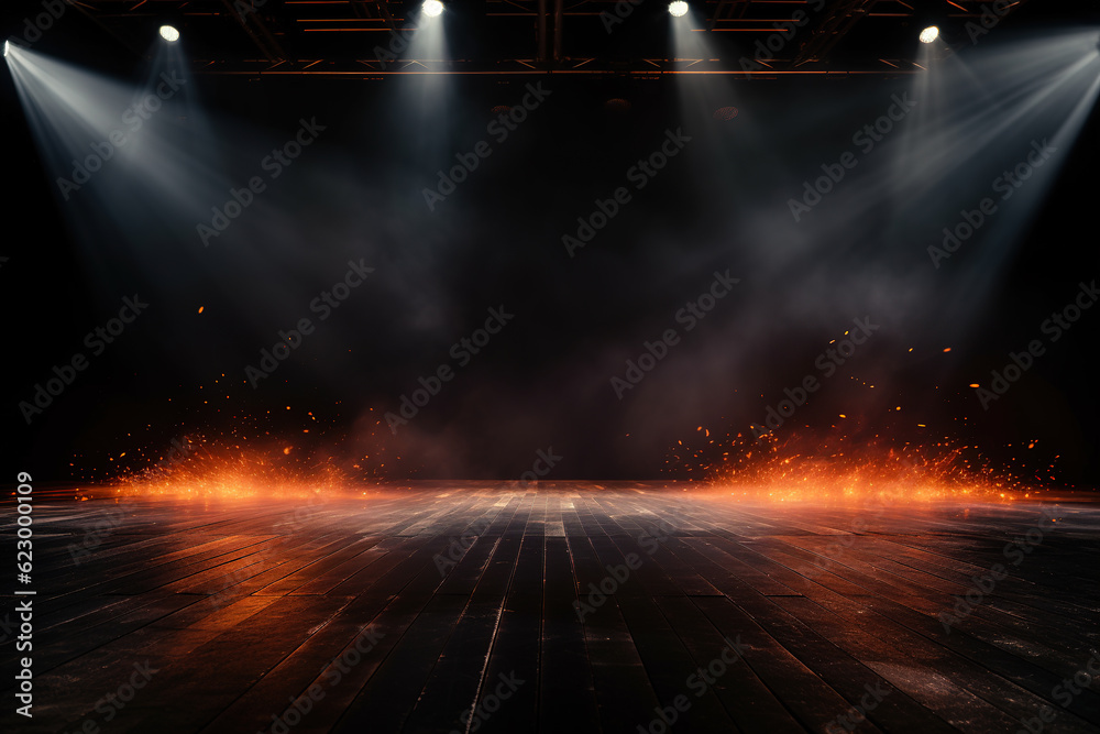 spotlights shine on stage floor in dark room with fire candle flame , candle effect ground